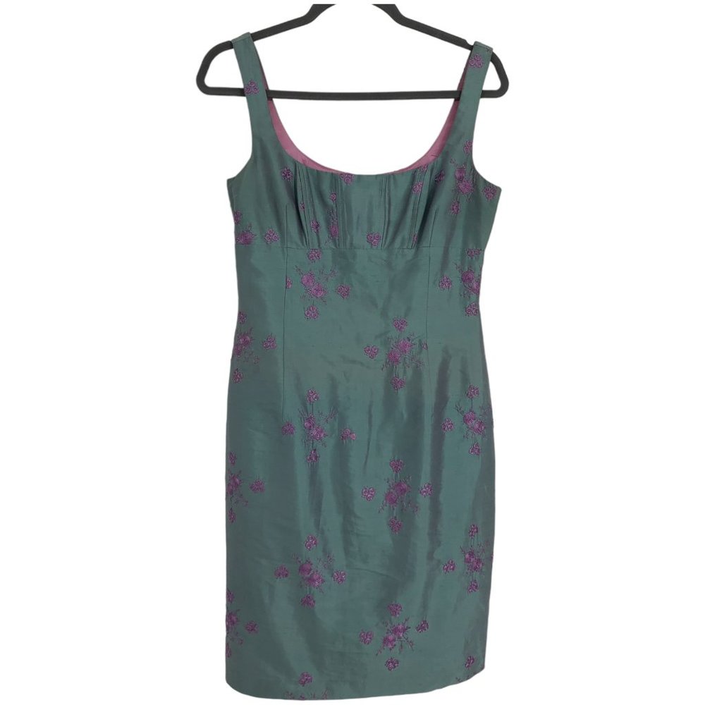 Nanette Lepore Rare Vintage Green Shimmer w/ Pink Floral Embroidery Silk Dress - Picture 2 of 14